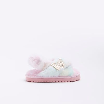 River Island Mini Girls Pink Faux Fur Slippers 7.00 Buchanan