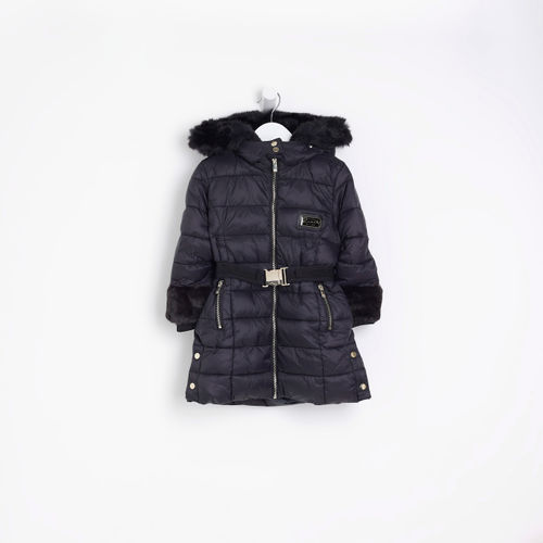 River Island Belted Faux Fur Trim Hooded Puffer Jacket