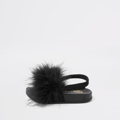 River Island Mini girls Black marabou fluffy sliders Compare