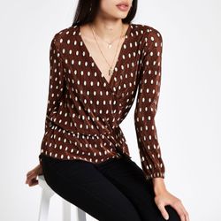 River Island Womens Brown polka dot plisse wrap top