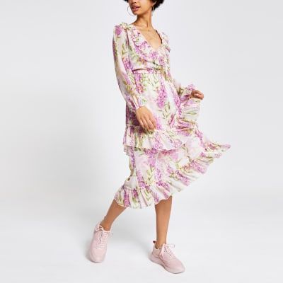 Purple floral frill outlet maxi dress