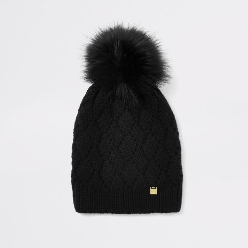 River Island Womens Black faux fur pom beanie hat | Compare | Union Square Shopping Centre