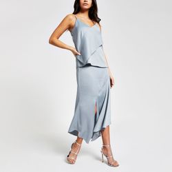 River Island Womens Blue satin asymmetric midi skirt