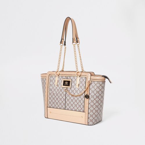 Beige jacquard RI monogram tote bag