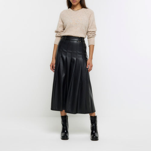 Girls black faux leather pleated skirt