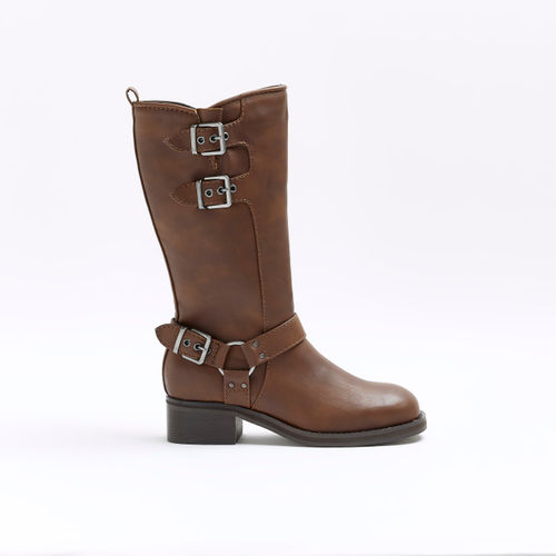 River Island Womens Brown High Leg Biker Boots