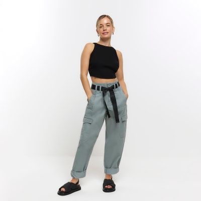 Rori Petite Wide Leg Cargo Trousers in Dusty Blue | Oh Polly