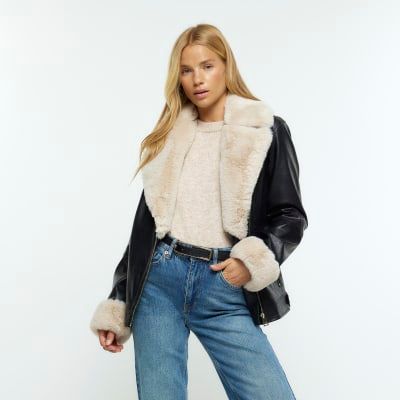 Grey faux suede shop fur trim biker jacket