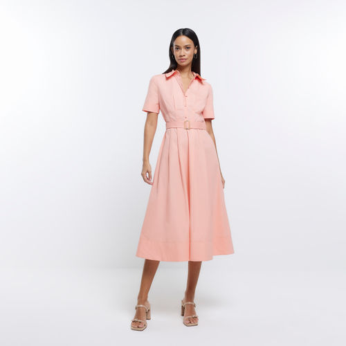 Beige belted sleeveless midi shirt dress