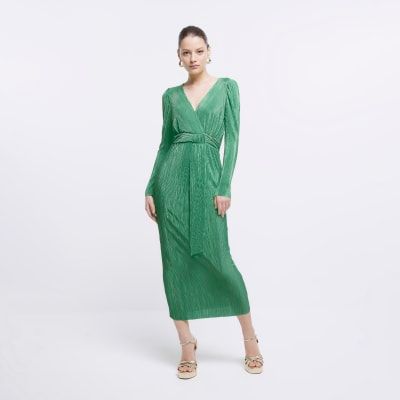 River Island Womens Green Plisse Wrap Bodycon Midi Dress 35.00