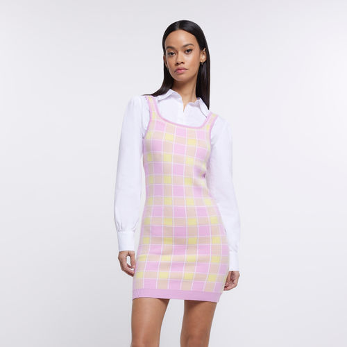 River Island Womens Pink Check Knit Mini Jumper Shirt Dress