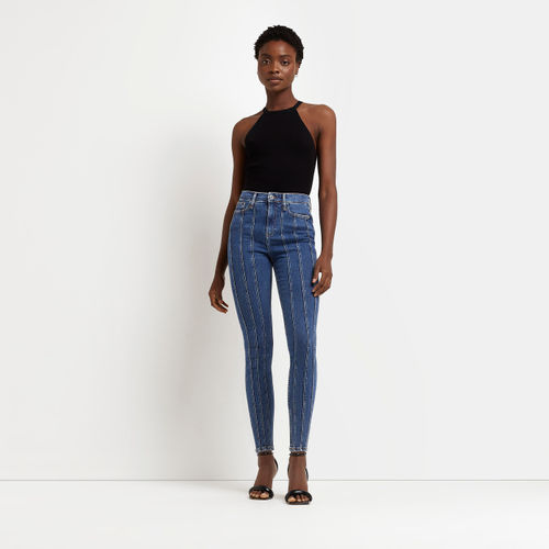 Blue high waisted skinny cargo jeans