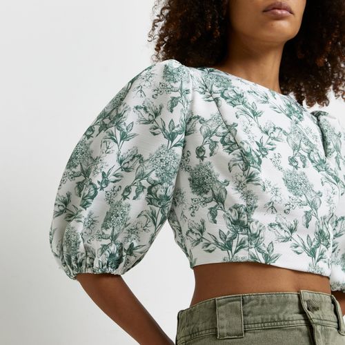 Floral Puff Sleeve Tie Back Crop Top