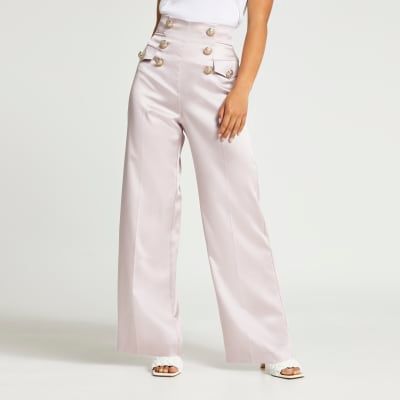 River Island Pleated Trousers Pink Satin Wide Leg Viscose | Lyst UK