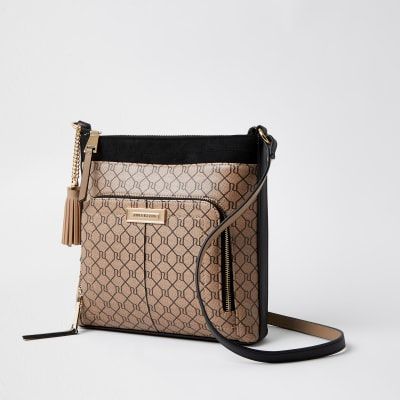 River Island Womens Brown RI monogram zip pocket messenger bag