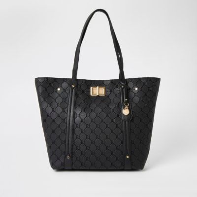 Black ri embossed lock front shopper tote bag hotsell