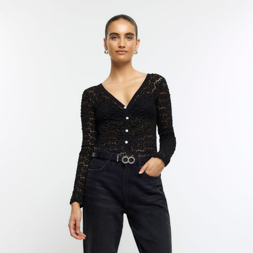 Womens Black Lace Long Sleeve Bodysuit