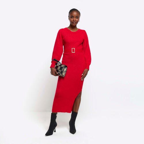 River Island Womens Red Knitted Belted Jumper Midi Dress