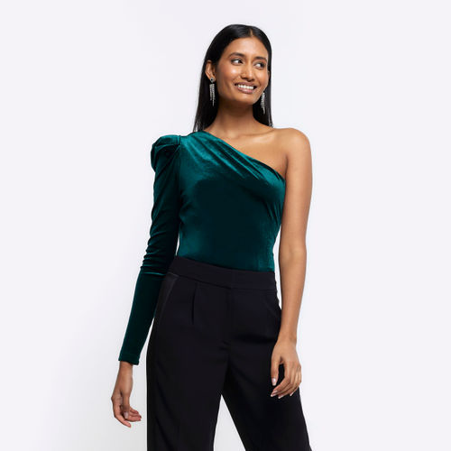 GREEN One Shoulder Bodysuit, Womens Tops