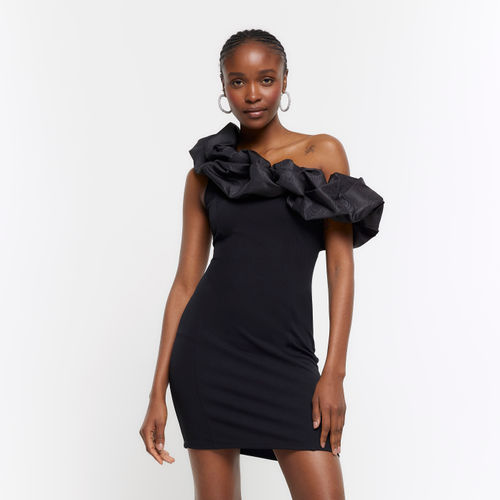 MIXED OFF THE SHOULDER DRESS - Black