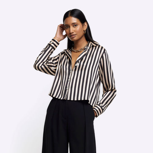 River Island Womens Black Satin Stripe Long Sleeve Crop Shirt