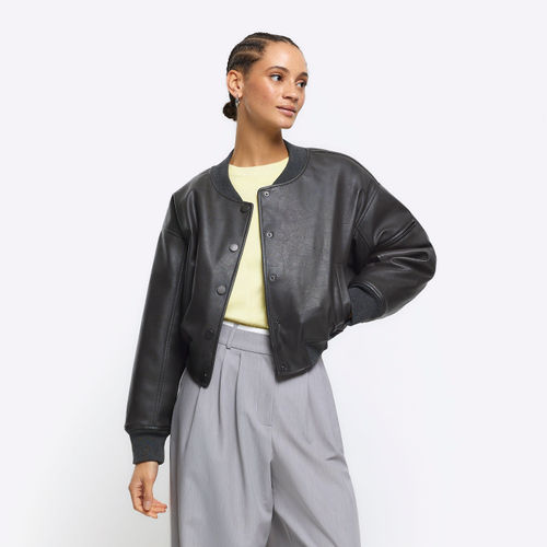 River Island Womens Grey Faux Leather Crop Bomber Jacket