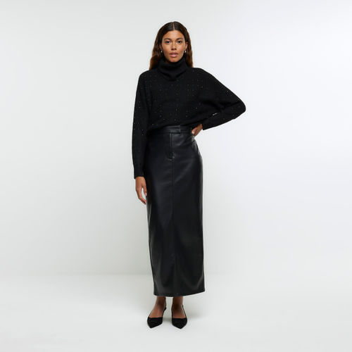 River Island Womens Black Faux Leather Tailored Midi Skirt