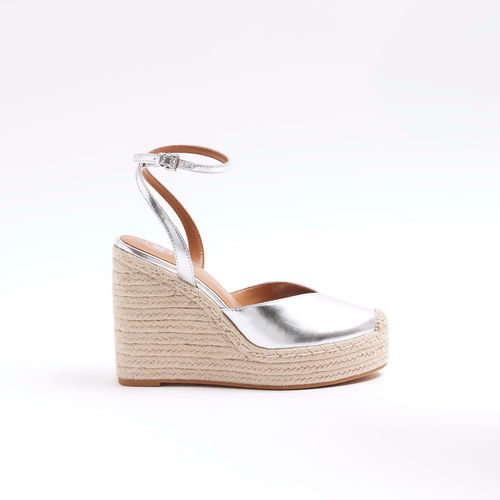 River Island Womens Silver Espadrille Heeled Wedge Sandals