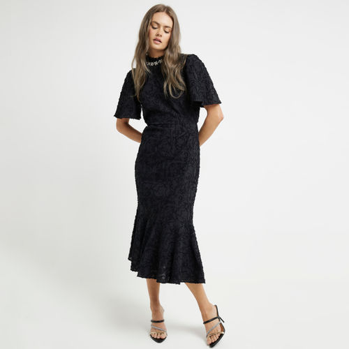 River Island Womens Black Textured Embellished Bodycon Midi Dress