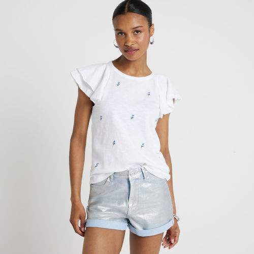 River Island Womens White Embroidered Frill Sleeve T-Shirt