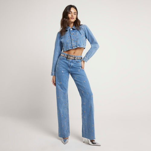 River Island Womens Blue Relaxed Straight Eyelet Jeans