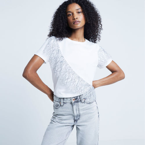 River Island Womens White Lace Frill T-Shirt