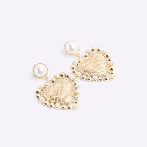 River Island Womens Gold Pearl Heart Drop Earrings