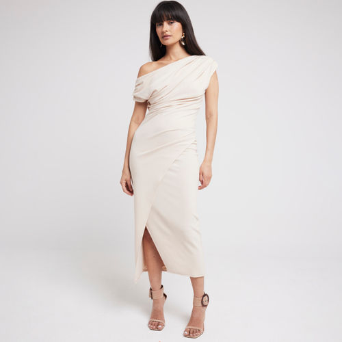 River Island Womens Beige Drape Off Shoulder Bodycon Midi Dress