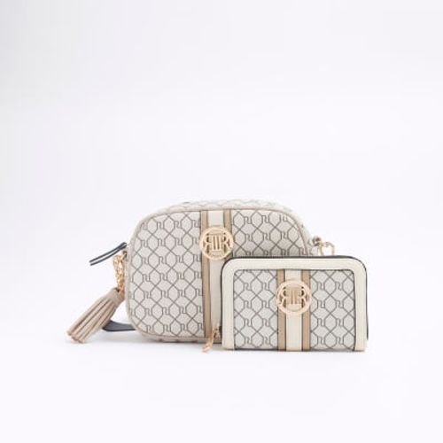 Beige RI monogram print cross body bag