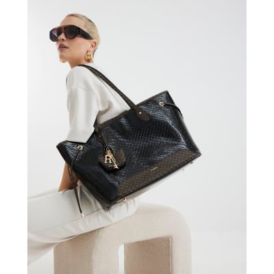 Black ri embossed lock front shopper tote bag deals