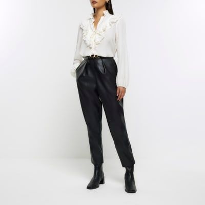 Petite brown faux leather straight trousers | River Island