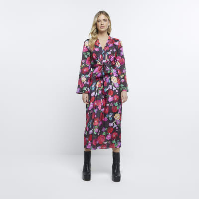 River Island Womens Black Floral Long Sleeve Midi Dress 55.00