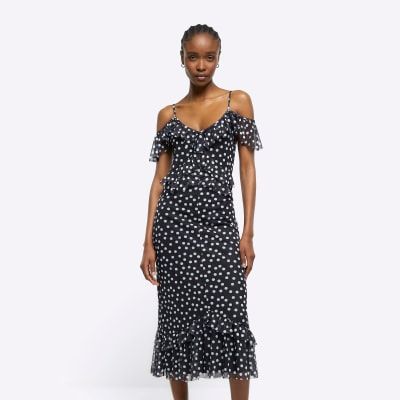 Black and white spot frill clearance dress
