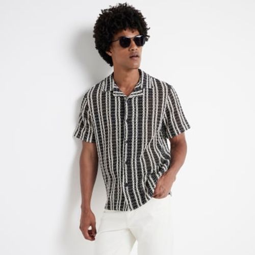 Mens River Island Black Regular Fit Crochet Stripe Revere Shirt