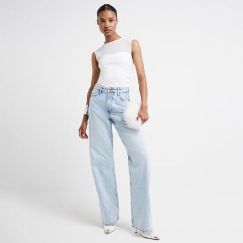 Blue high waisted relaxed straight leg jeans