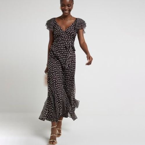 River Island Womens Brown Chiffon Spot Belted Swing Maxi Dress