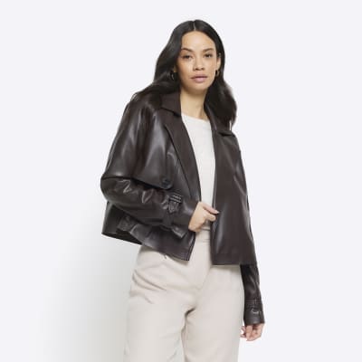 River Island Womens Brown crop faux shearling jacket | Compare