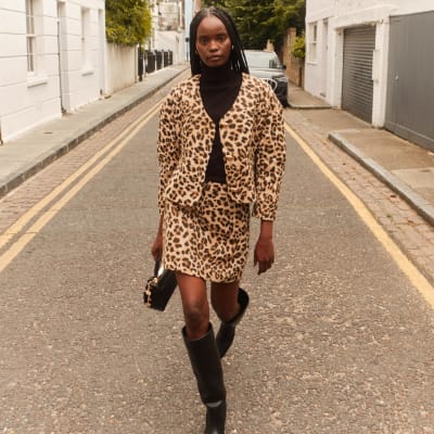 Brown leopard print wrap skirt sales