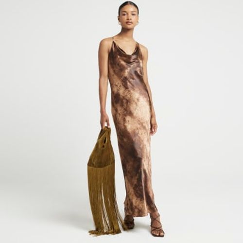 River Island Womens Brown Satin Cross Back Slip Midi Dress