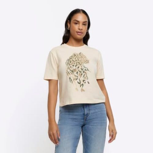River Island Womens Cream Leopard Print Oversized Crop T-Shirt