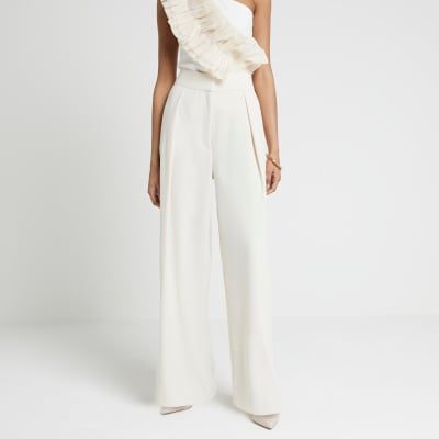 River Island Cream Stripe Satin Wide Leg Trousers in Natural | Lyst  Australia