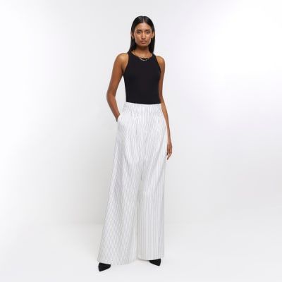 River Island wide leg stripe trousers in cream  ASOS