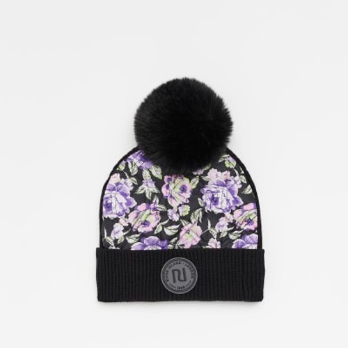 River Island Girls Purple Floral Quilted Pom Pom Beanie