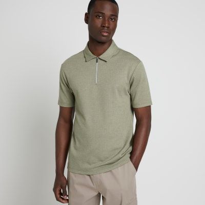 Mens River Island Green Slim Fit Herringbone Half Zip Polo